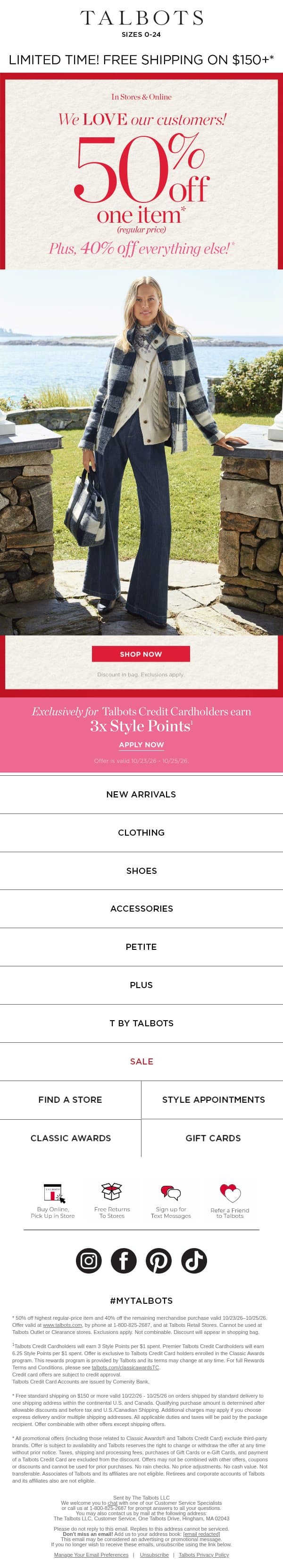 STARTS TODAY! 50% off 1 + 40% off everything else* email from Talbots screenshot
