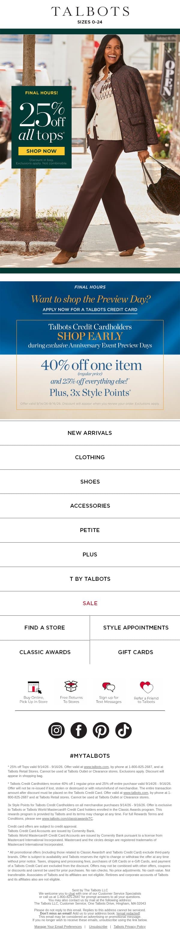 FINAL HOURS for 25% off all TOPS* email from Talbots screenshot