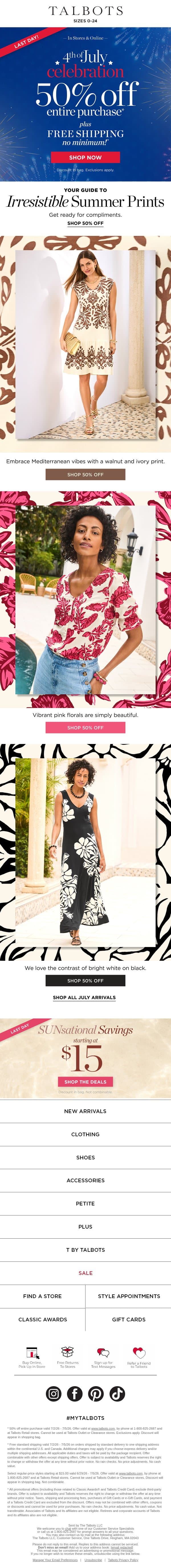 LAST DAY! 50% off everything + FREE shipping* email from Talbots screenshot