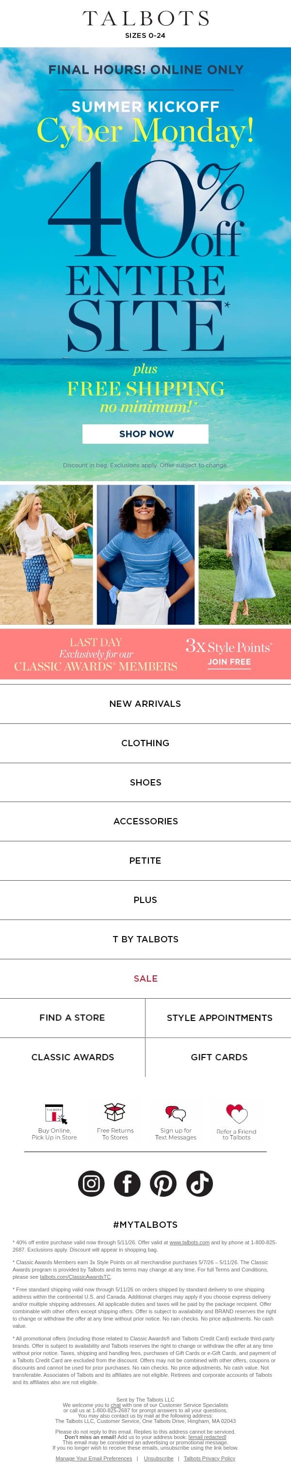 🕖 FINAL HOURS! 40% off ENTIRE SITE, including your FAVORITES* email from Talbots screenshot
