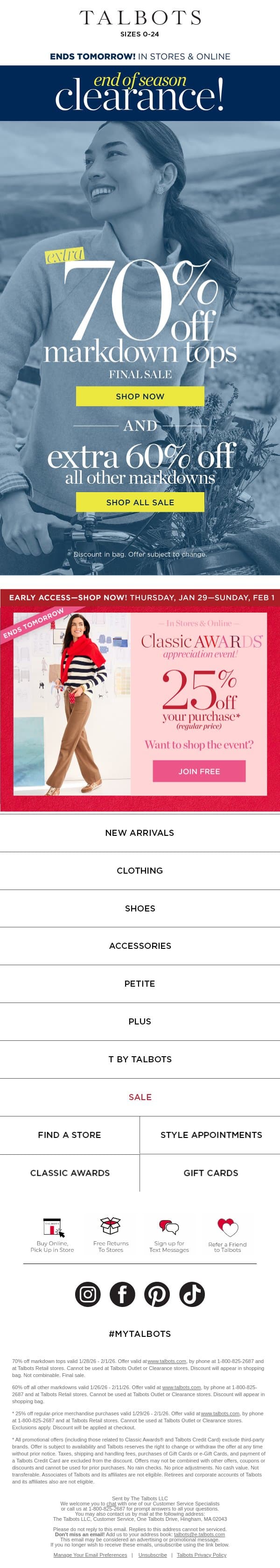 EXTRA 70% off markdown TOPS ends tomorrow! email from Talbots screenshot