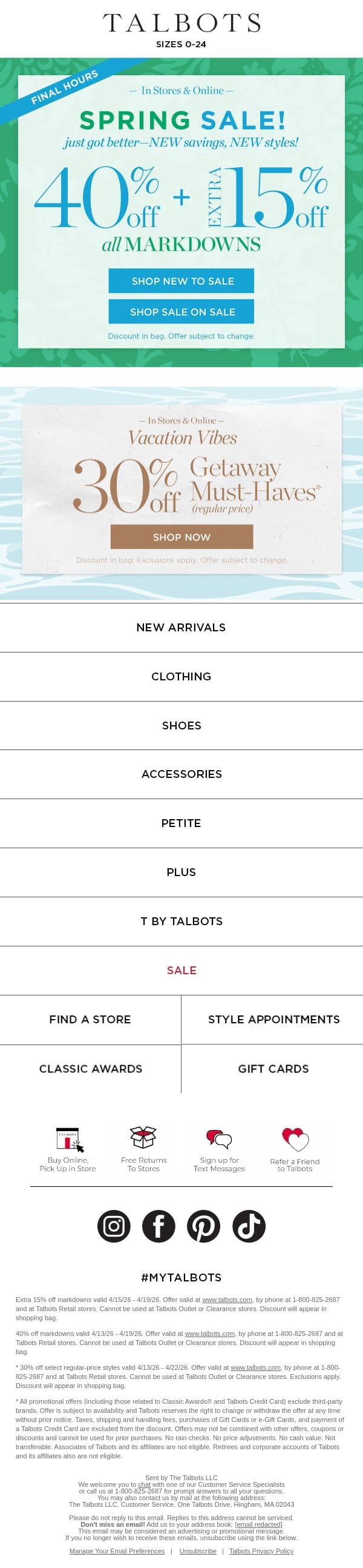 FINAL hours for SALE ON SALE + 30% off Getaway Must-Haves* email from Talbots screenshot