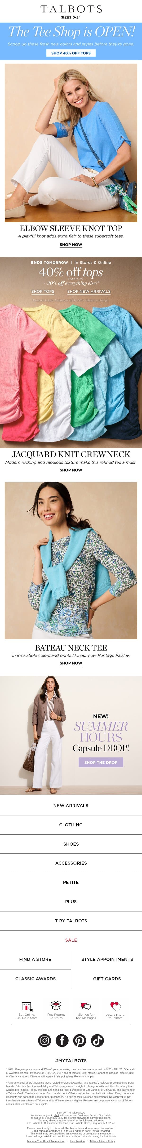 👚 Our TEE SHOP is OPEN and 40% off! email from Talbots screenshot