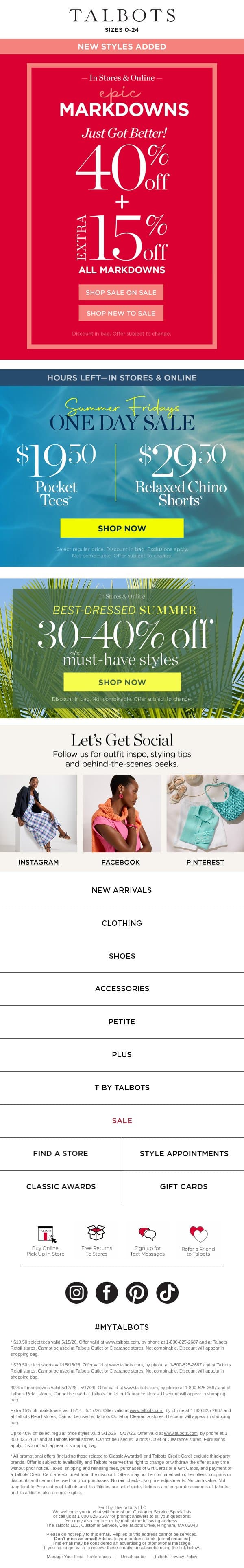 NEW STYLES ADDED—extra 40% + 15% off all MARKDOWNS email from Talbots screenshot