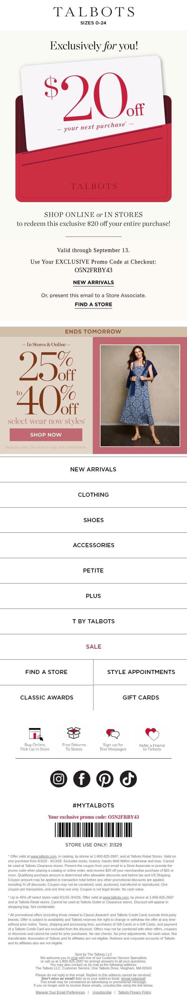 💰 Your $20 off spending money is inside! email from Talbots screenshot