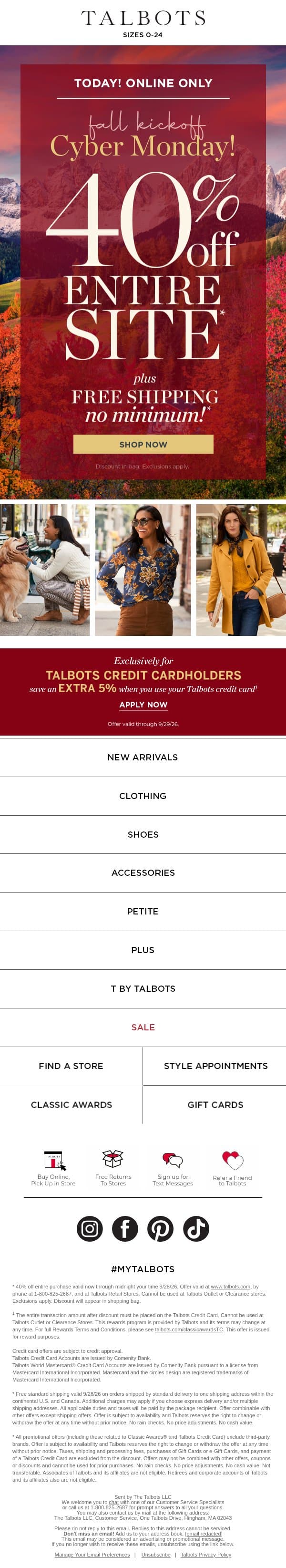 Fall Cyber Monday! 40% off ENTIRE SITE* email from Talbots screenshot