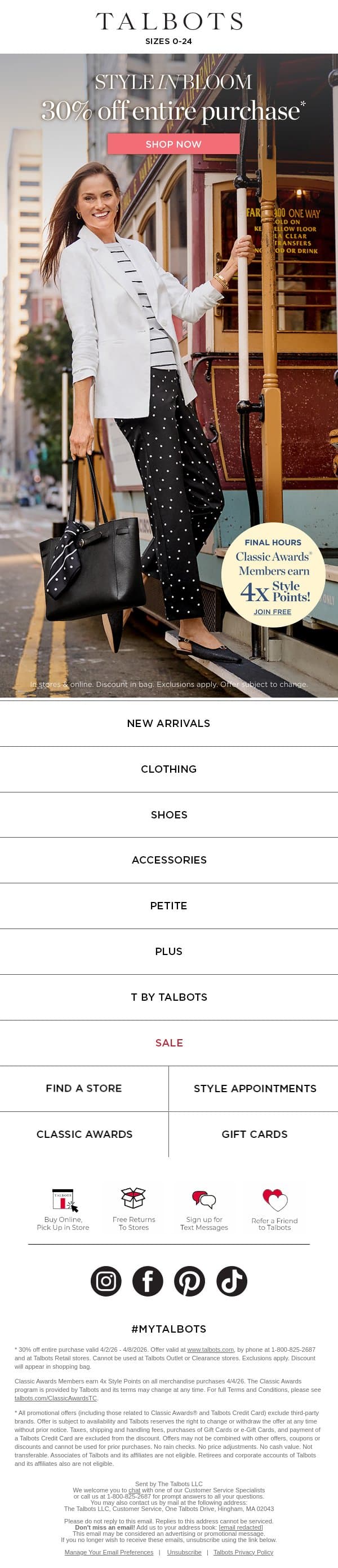 >>> 4x Style Points on top of 30% off IS ENDING <<< email from Talbots screenshot