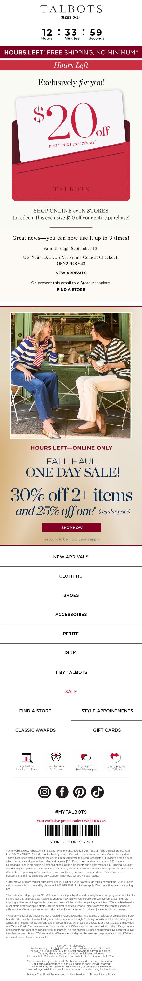 FREE shipping + $20 off + 30% off 2 or more items HOURS LEFT!* email from Talbots screenshot