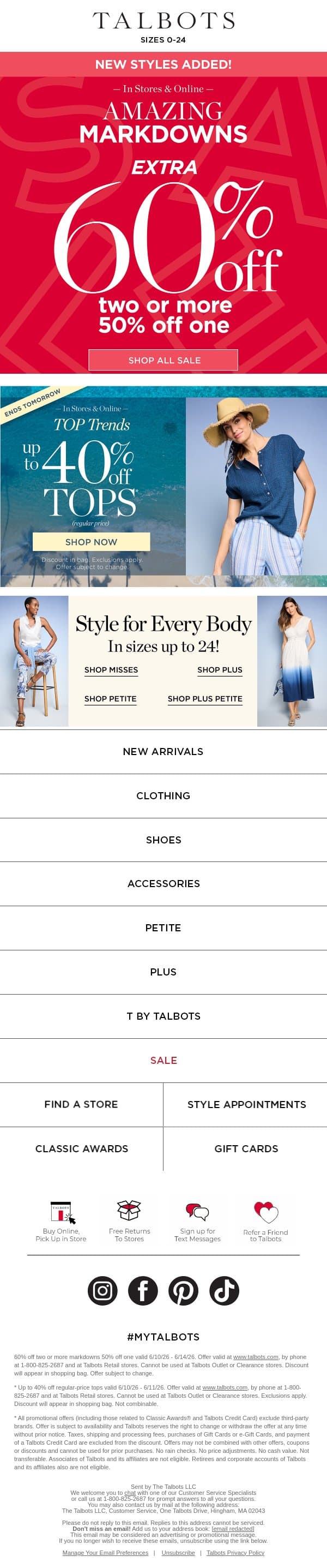 🚨 EXTRA 60% off 2+ markdowns is ON! email from Talbots screenshot