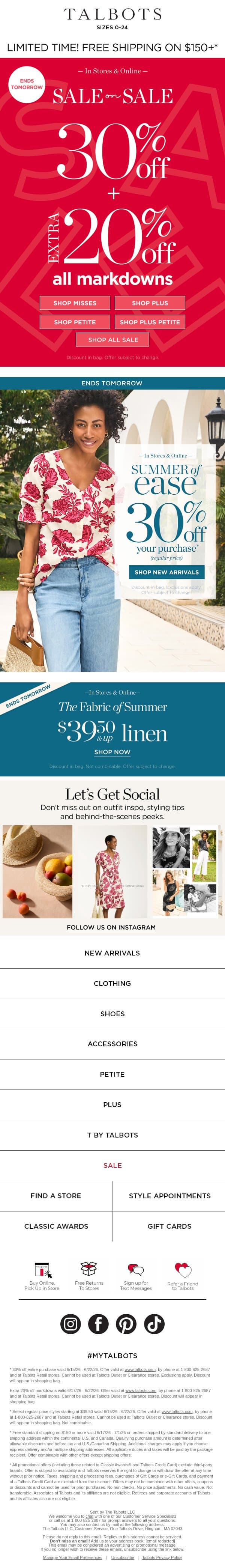 30% + EXTRA 20% off markdowns ENDS TOMORROW email from Talbots screenshot