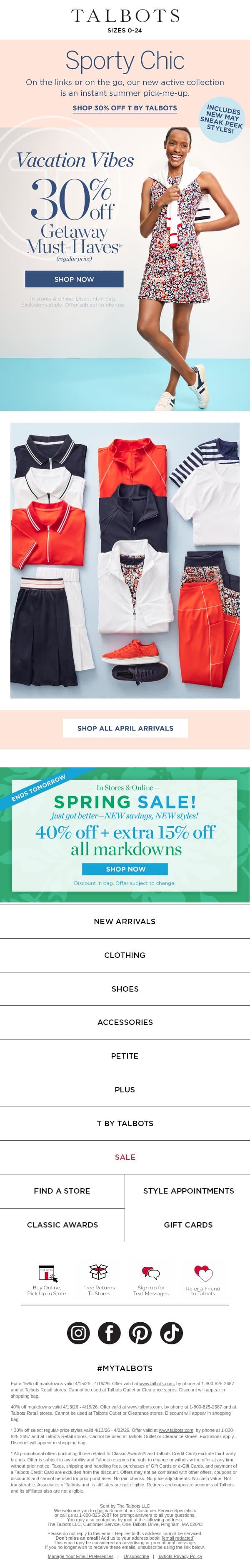 30% off sporty-chic T by Talbots essentials* email from Talbots screenshot