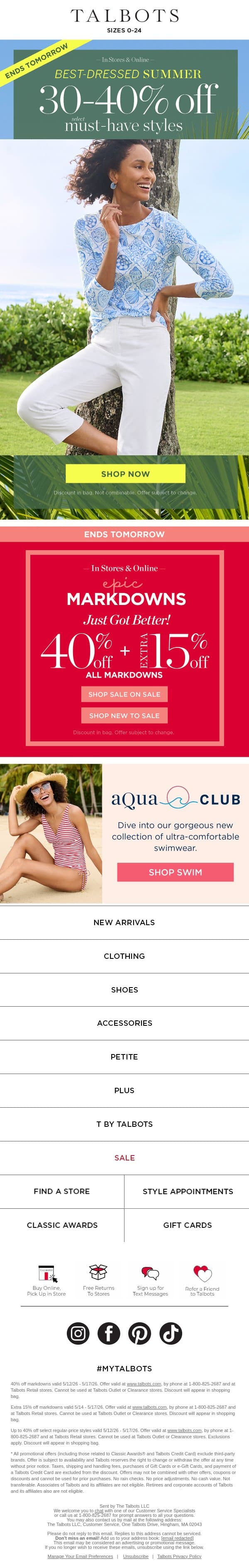 Bright Tropical Colors + 30-40% off summer must-haves email from Talbots screenshot