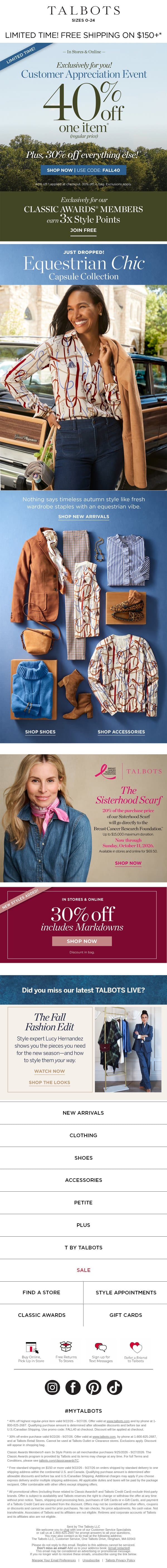 Chic Equestrian Vibes + Your CODE for 40% off 1* email from Talbots screenshot