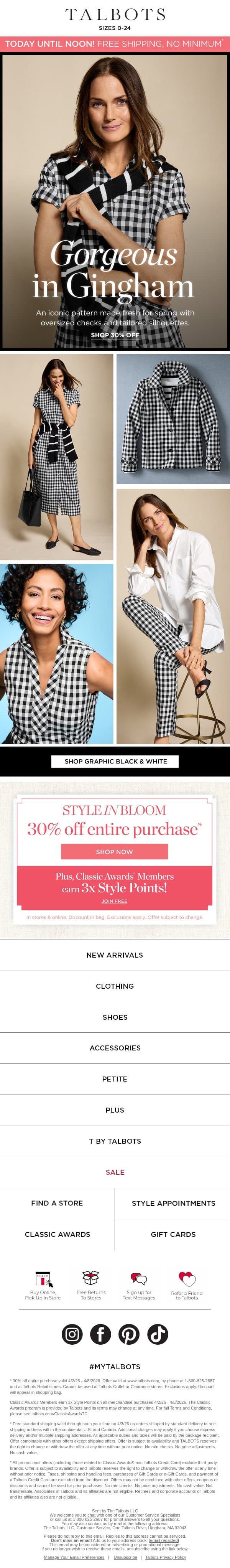 Ends at NOON! ⚡ FREE shipping + 30% off ⚡ email from Talbots screenshot