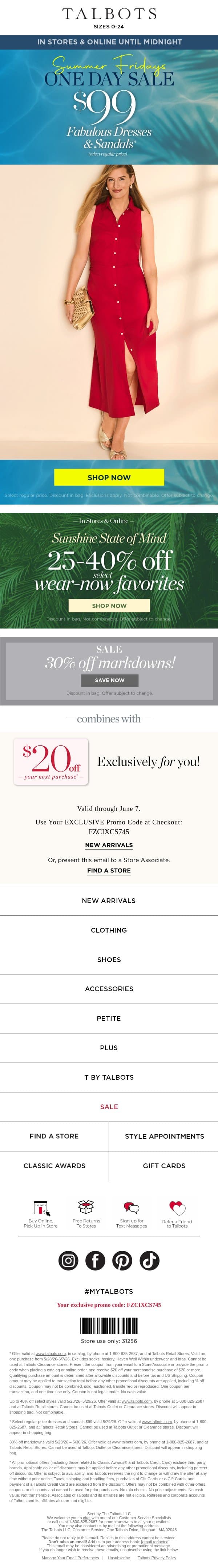 Last call for $99 Dresses + Sandals ☀️ email from Talbots screenshot