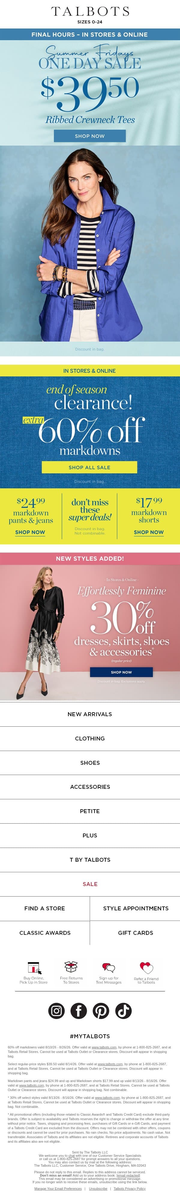FINAL HOURS: $39.50 must-have TEES email from Talbots screenshot