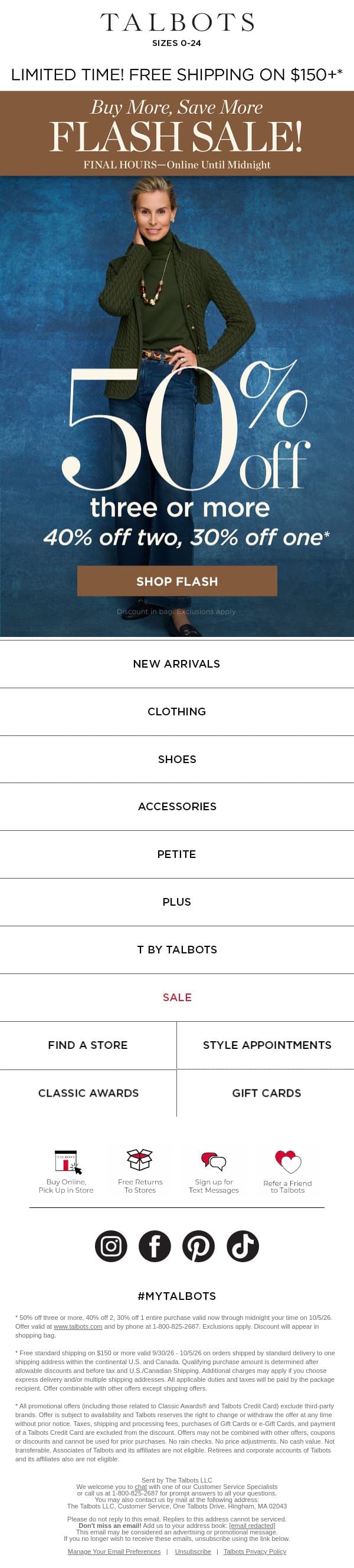 ⚡ ENDS MIDNIGHT ⚡ 50% off 3+ items* email from Talbots screenshot