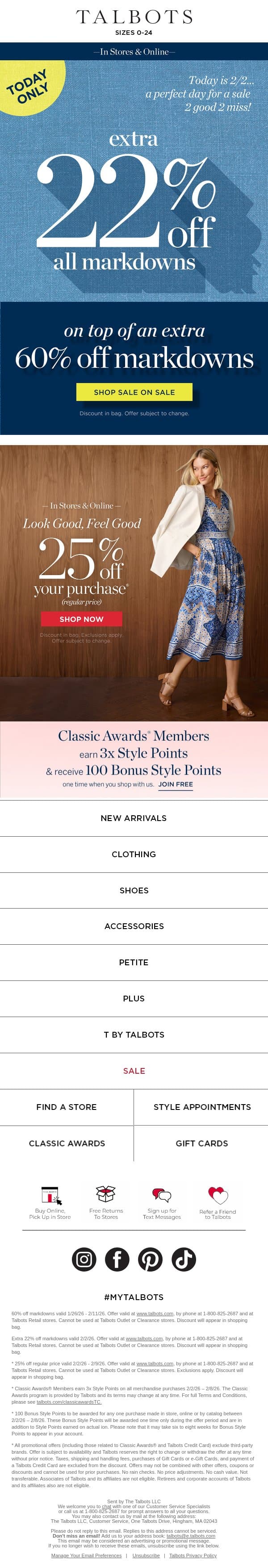 EXTRA 60% + 22% off markdowns TODAY ONLY! email from Talbots screenshot