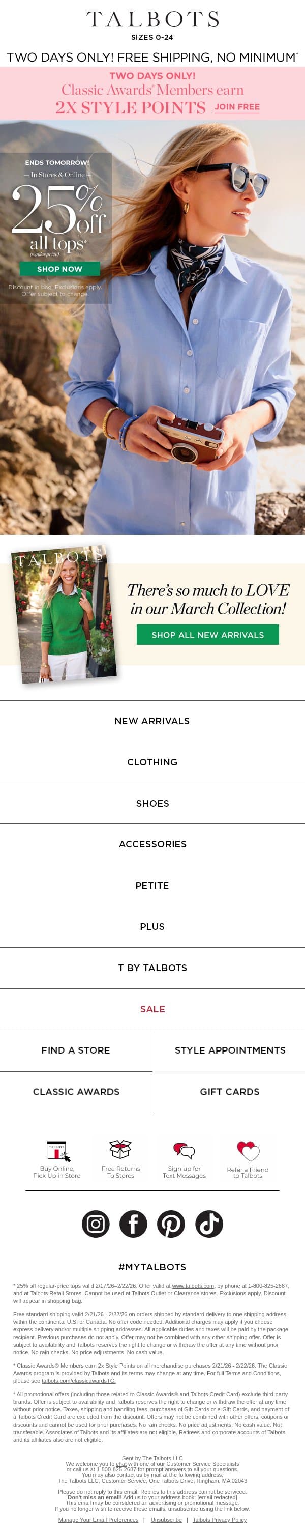 Ends Tomorrow! FREE shipping + 2x Style Points email from Talbots screenshot