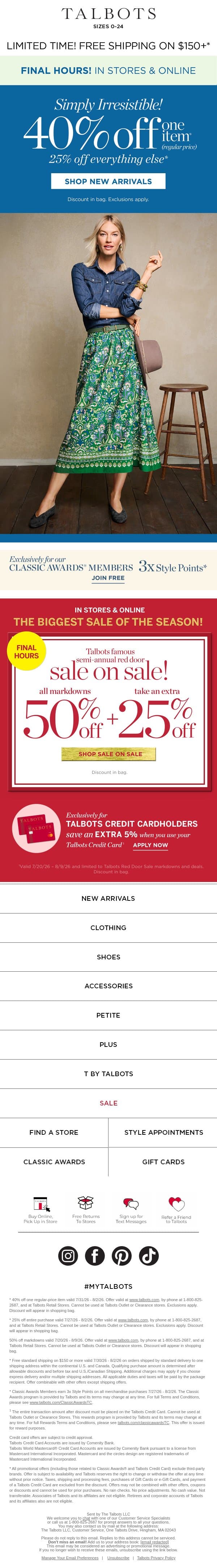 40% off 1 + 25% off the rest LAST CALL!* email from Talbots screenshot