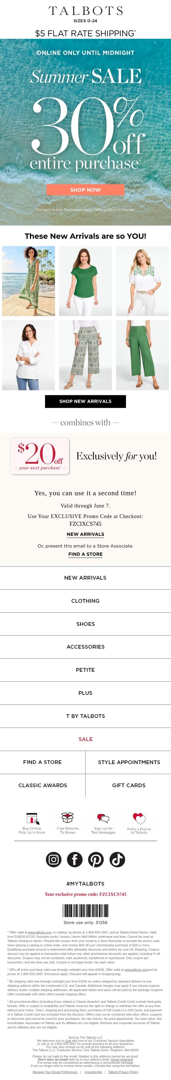 🌊 30% off + $5 shipping 🌊 FLASH SALE email from Talbots screenshot