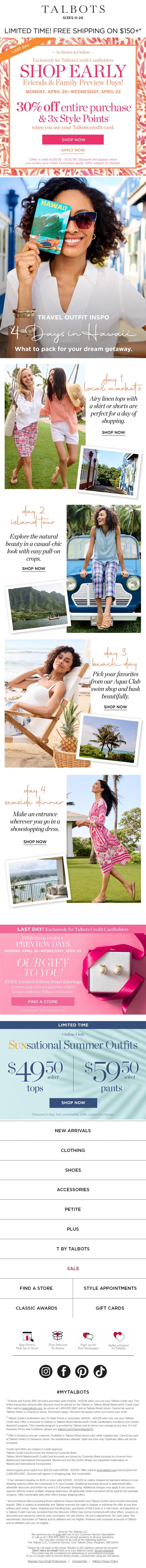π΄ 4 Days in Hawaii + PREVIEW DAYS are ending email from Talbots screenshot