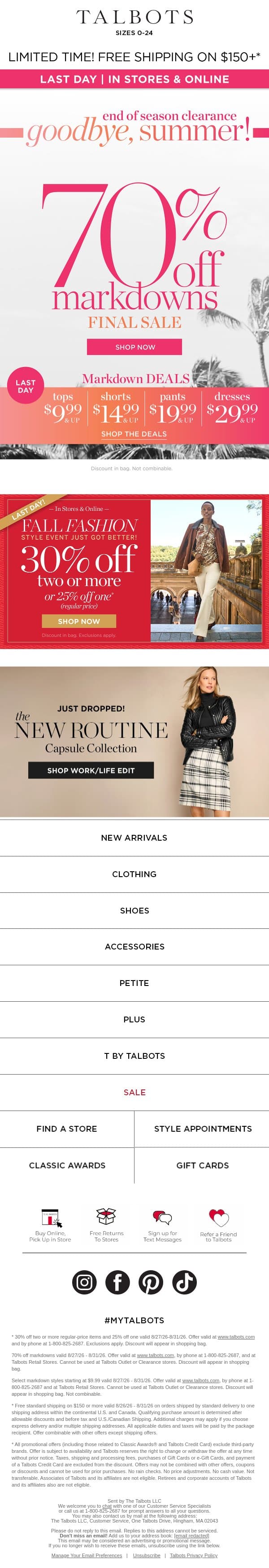 LAST DAY for EXTRA 70% off CLEARANCE! email from Talbots screenshot