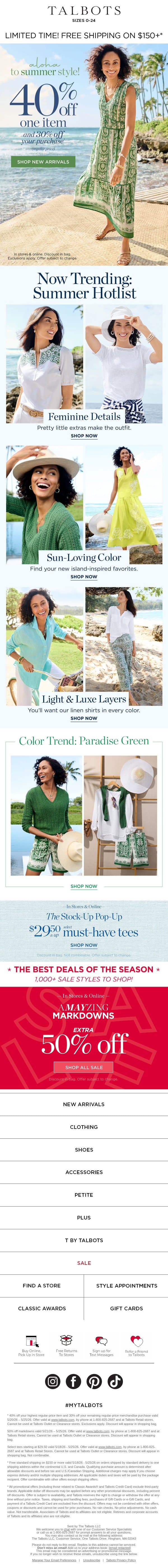 Fresh Picked Summer Style + 40% off 1 + 30% off the rest* email from Talbots screenshot