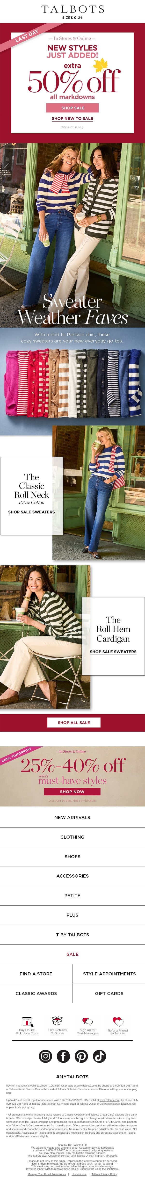 LAST DAY for EXTRA 50% markdowns email from Talbots screenshot