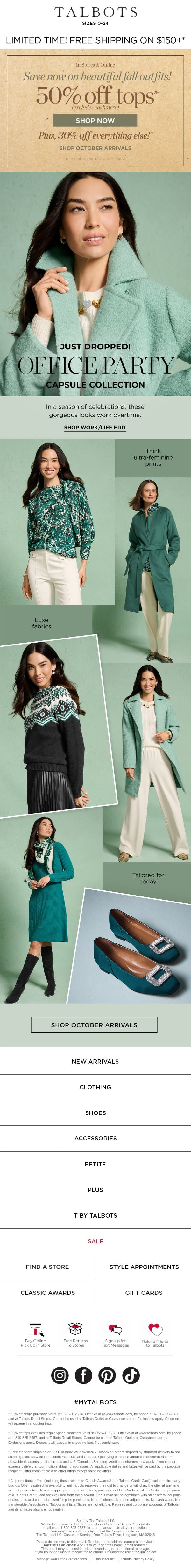 Our NEW Office Party Collection + 50% off TOPS* email from Talbots screenshot