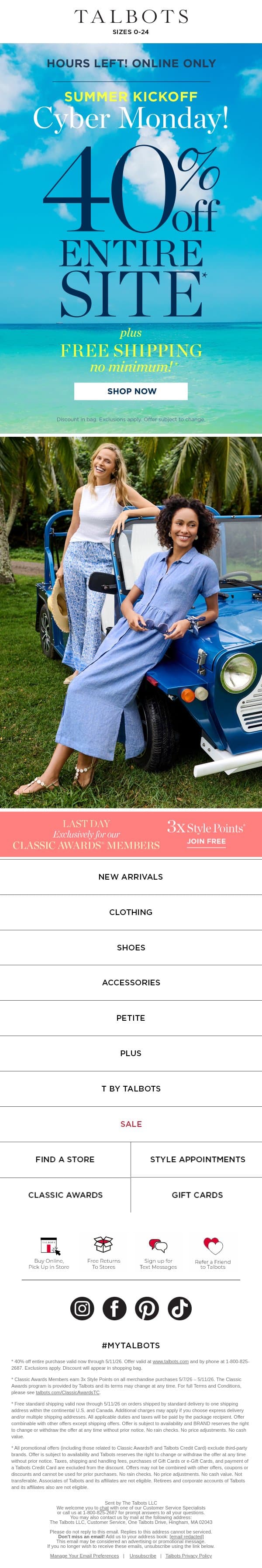 📣 40% off your best-dressed summer + FREE shipping email from Talbots screenshot