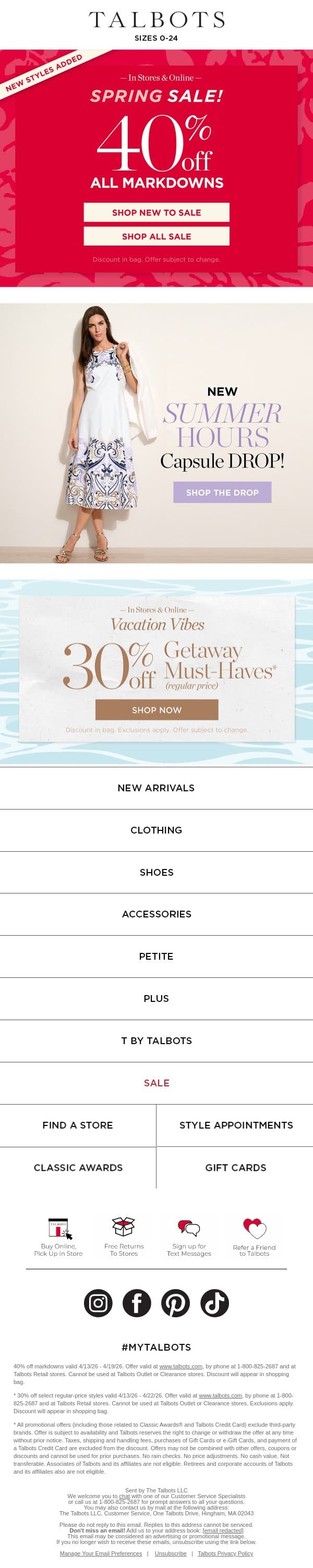 📣 Extra 40% off markdowns SPRING SALE starts now! email from Talbots screenshot