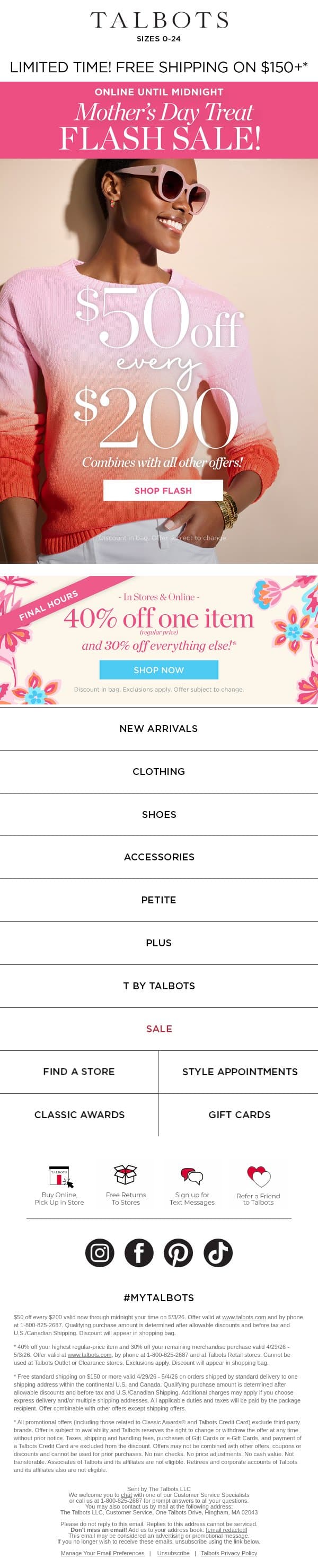 $50 off + up to 40% off 🌹 ENDS MIDNIGHT 🌹* email from Talbots screenshot