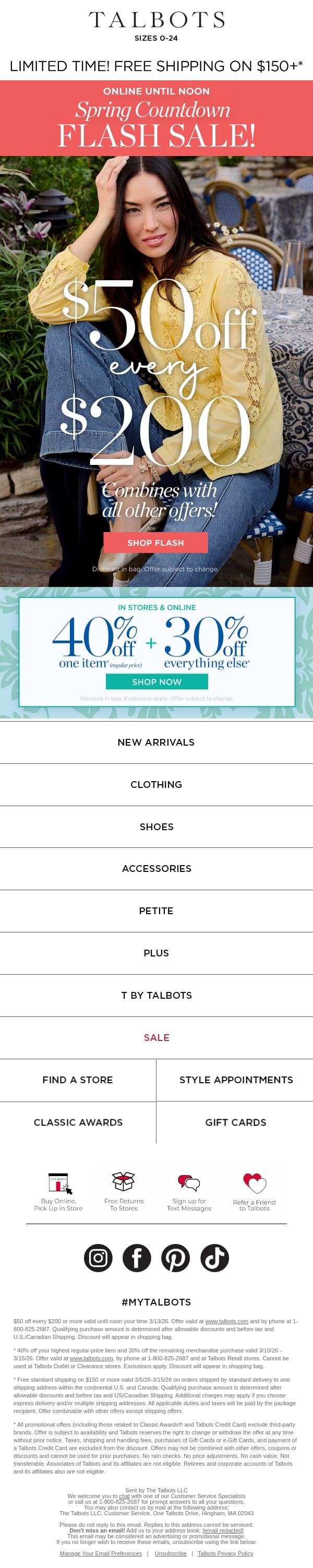 🌻 Flash Sale 🌻 $50 off + 40% off 1 email from Talbots screenshot
