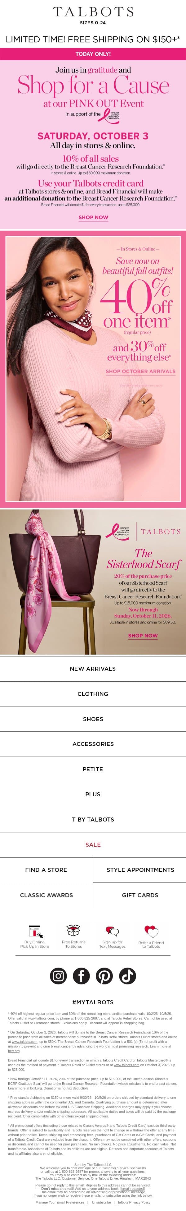 🩷 TODAY! Shop for a Cause to Benefit BCRF 🩷 email from Talbots screenshot