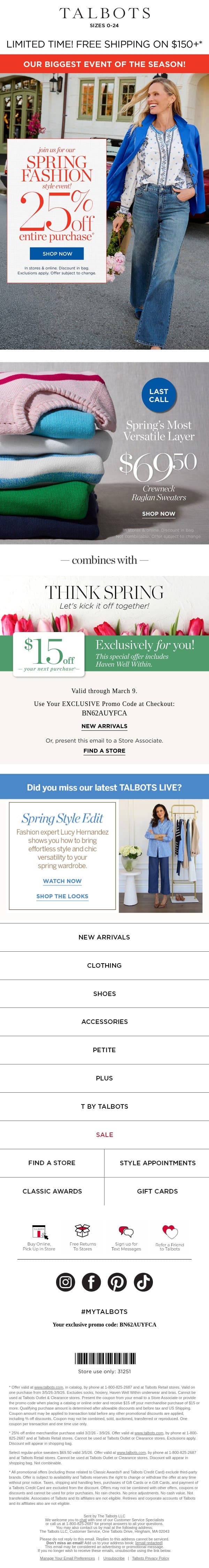 ENDING! Shop $69.50 SWEATERS before this deal is OVER* email from Talbots screenshot