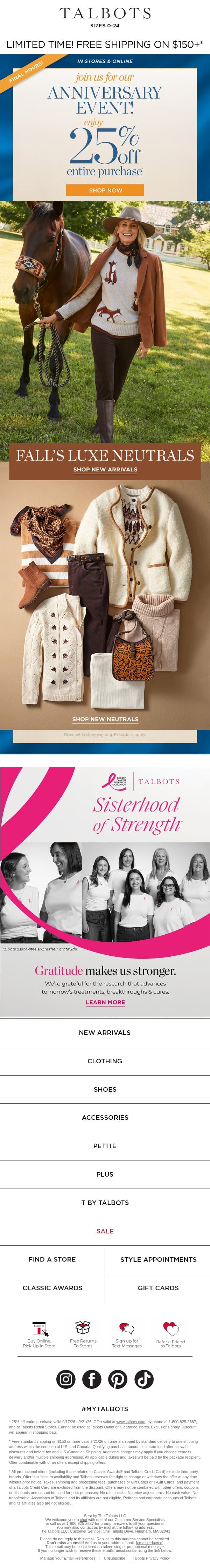 Click quick—our 25% off Anniversary Event ENDS TODAY!* email from Talbots screenshot