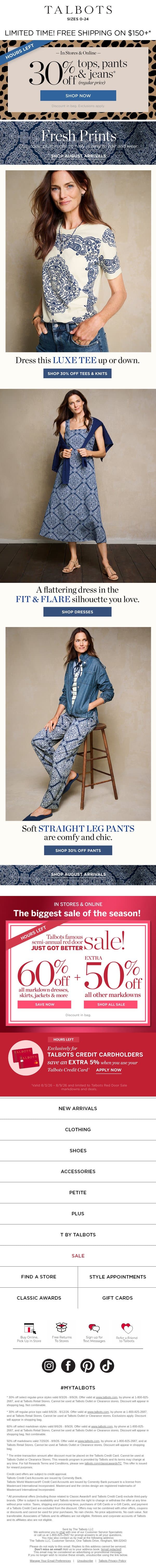 FINAL HOURS! 30% off tops, pants & jeans email from Talbots screenshot
