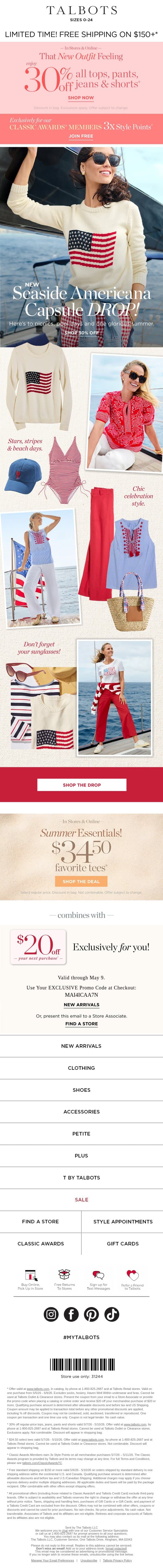$34.50 Summer Tees + 30% off OUTFIT MAKERS + 3x Style Points email from Talbots screenshot