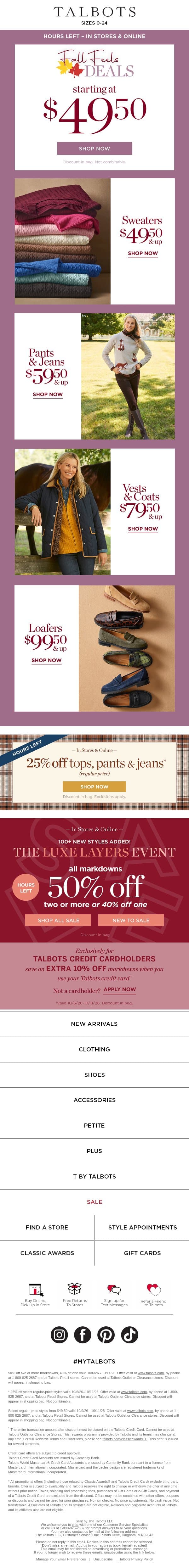 ⏰FINAL HOURS for $49.50 & up DEALS + 25% off tops, pants & jeans email from Talbots screenshot