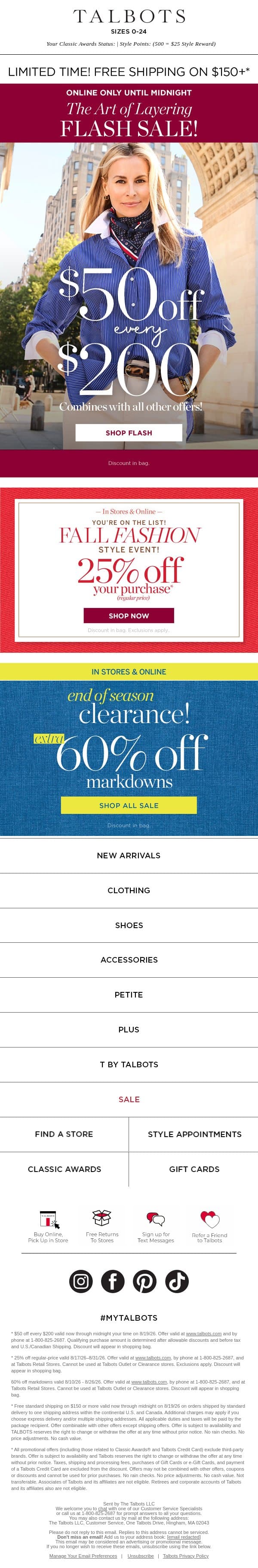 ⚡ ENDS MIDNIGHT ⚡ $50 off + 25% off your purchase email from Talbots screenshot