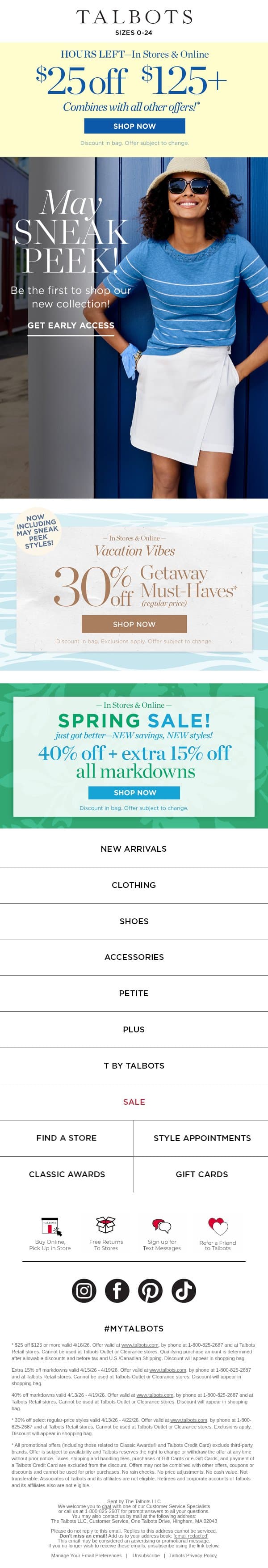 $25 off + 30% off getaway must-haves + SALE ON SALE email from Talbots screenshot