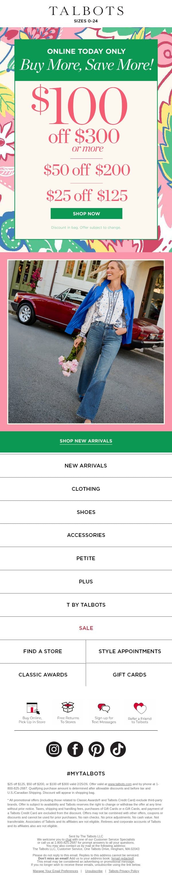Today ONLY—up to $100 off! email from Talbots screenshot