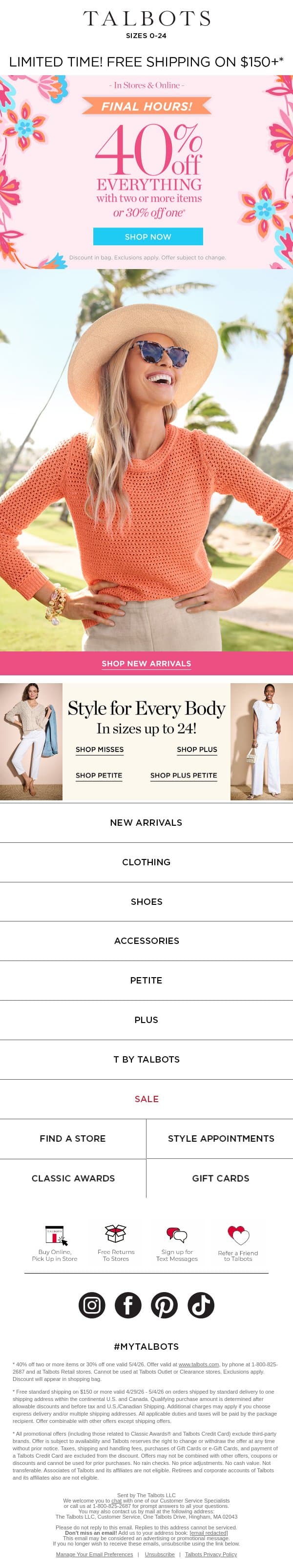 👋 Goodbye, 40% off 2+ items! email from Talbots screenshot