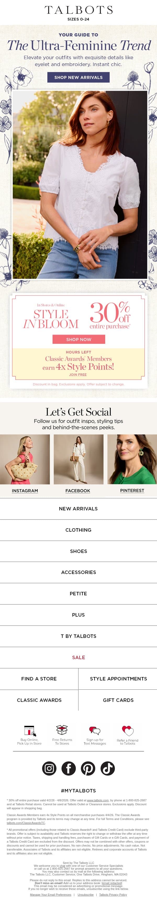 30% off + 4x Style Points + The Ultra-Feminine TREND email from Talbots screenshot