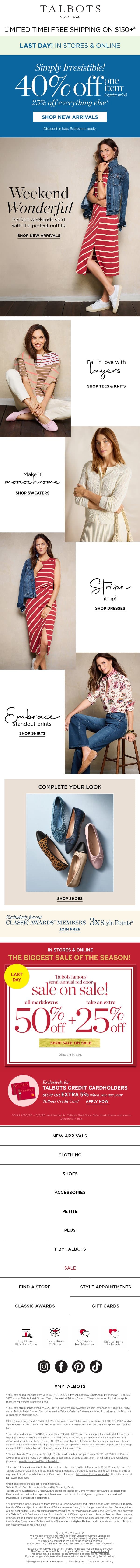 LAST DAY for 40% off 1 + Weekend Essentials! email from Talbots screenshot