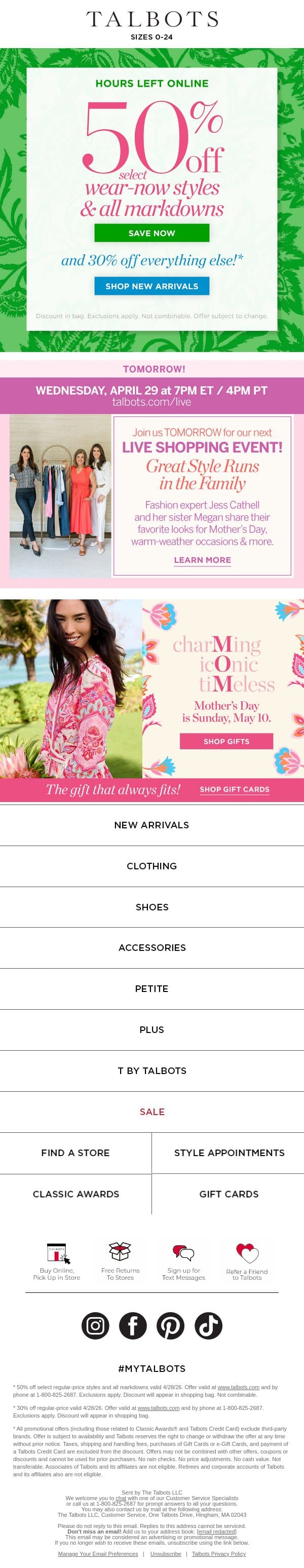 HOURS LEFT! 50% off ALL markdowns! 50% off wear-now style favorites!* email from Talbots screenshot