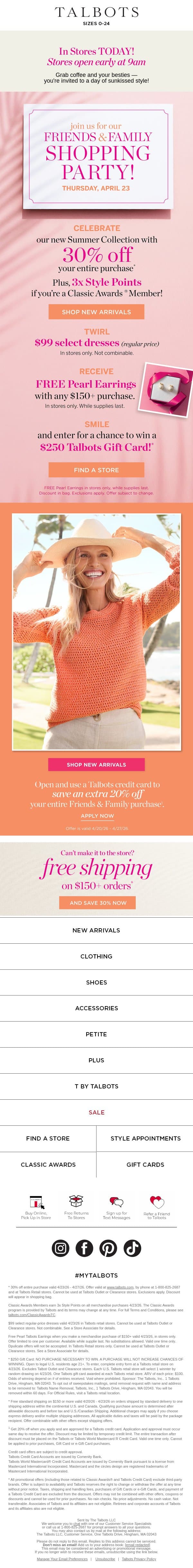 🎉 30% off is HERE + 3x Style Points + SHOPPING PARTY!* email from Talbots screenshot