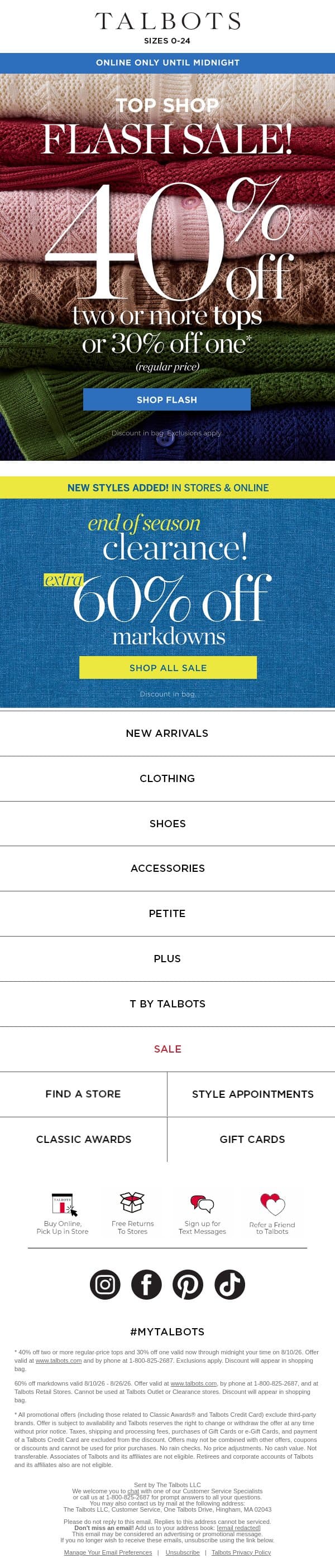 40% off 2+ tops or 30% off 1⚡ENDS MIDNIGHT⚡ email from Talbots screenshot