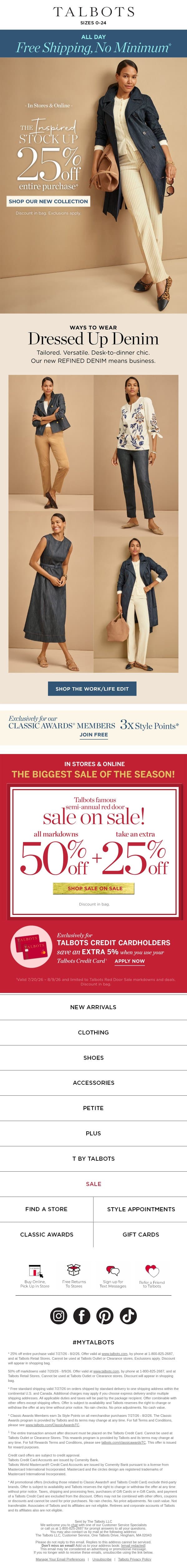 25% off entire purchase + FREE SHIPPING today only* email from Talbots screenshot